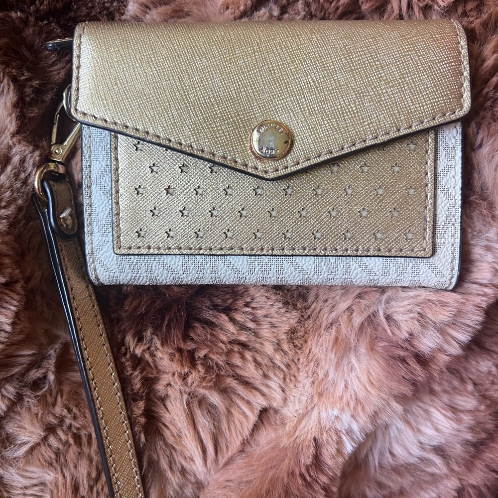 Michael Kors Gold Vanilla MD Card Holder / Keychain Wallet